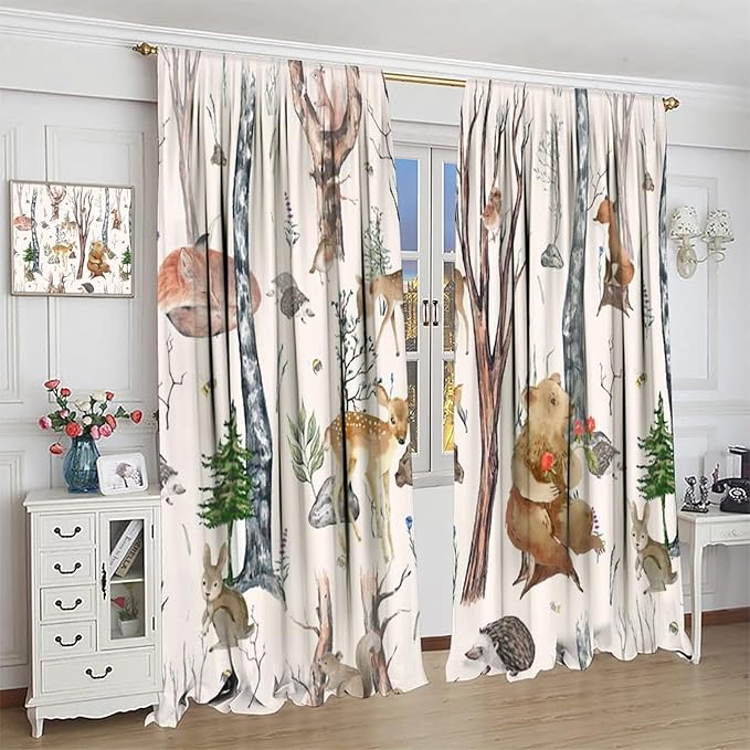 Rustic Forest Window Curtains Curtains, Woodland Animal Bear Deer Hedgehog Fox Forest Squirrel Watercolor Blackout Rod Pocket Window Treatments Drapes for Boys Girls Bedroom 84x84in
