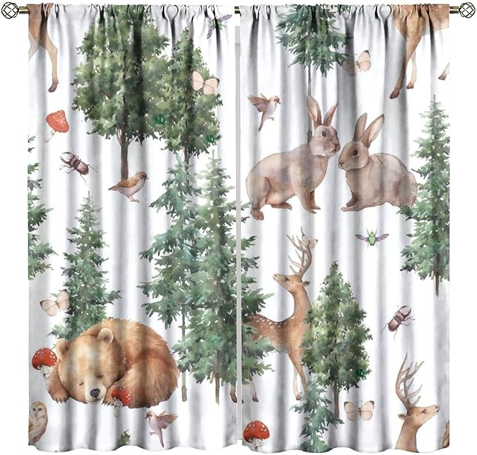 YCness Forest Animal Curtains, Wild Animals Watercolor Woodland Bear Rabbit Cartoon Window Treatments for Kids Bedroom Living Room Kitchen Living Room Drapes, 42x63 Inch