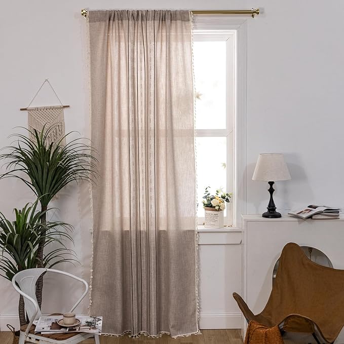 Deeprove Boho Style Curtains 96 inches Long, Vintage Bohemian Embroidery Striped Farmhouse Cotton Linen Fringe Window Treatments Bedroom Living Room Nursery, W52 x L96, 1 Panel Khaki and Brown