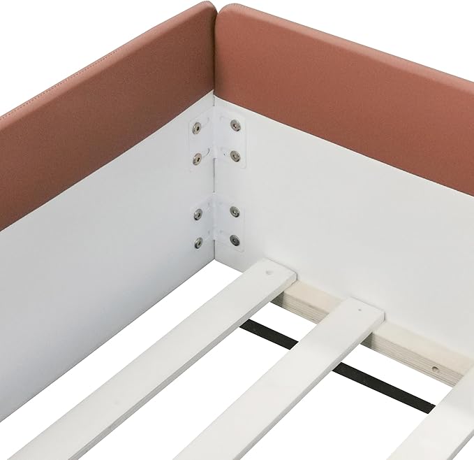 Merax Upholstered Kids' Daybed, Daybed Frame with Fence and Stairs, No Box Spring Needed, Full Size, Brown+White