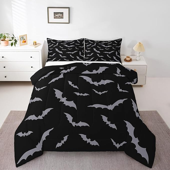 Erosebridal Happy Halloween Comforter Set for Kids Youth Grey Bats Bedding Set Gothic Spooky Quilt Queen Size Cartonn Bed Decorative Bedding Comforter Sets with 2 Pillow Cases