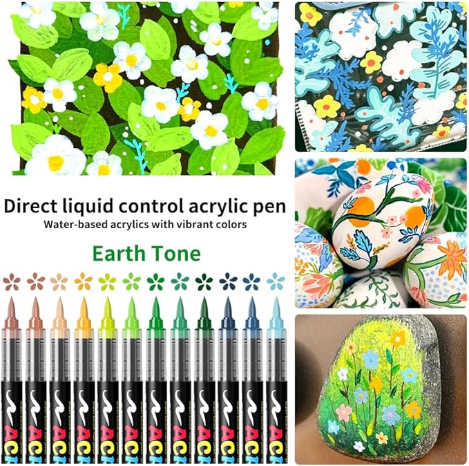Paint Pens Acrylic Markers - 12 Earth Tone Brush Tip Water Based Marker Pens for Rock Painting, Wood, Ceramic, Glass, Acrylic Paint Markers for Egg Pumpkin