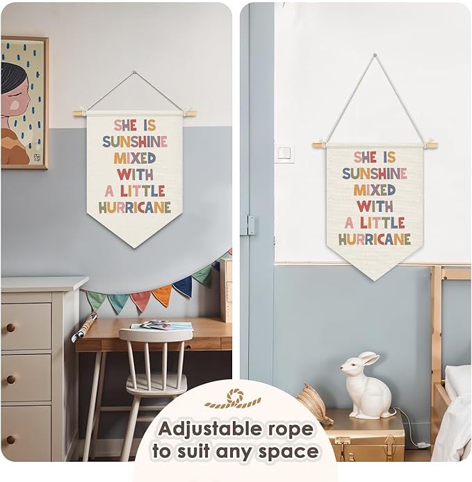 Wheatwin Girl Nursery Decor, She Is Mixed With a Little Hurricane Wall Hanging Pennant Flag Banner, Inspirational Nursery Wall Decor for Toddler Baby Girls Room Bedroom Dorm Playroom 15x11 Inch