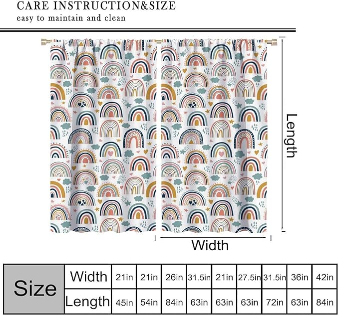 Kids Rainbow Curtains Boho Cartoon Colorful Stars Love Heart Lovely Abstract Art Pattern Print Window Drapes for Girl Bedroom Living Room Kitchen Decor,2 Panel Set,55Wx63H Inch Blackout