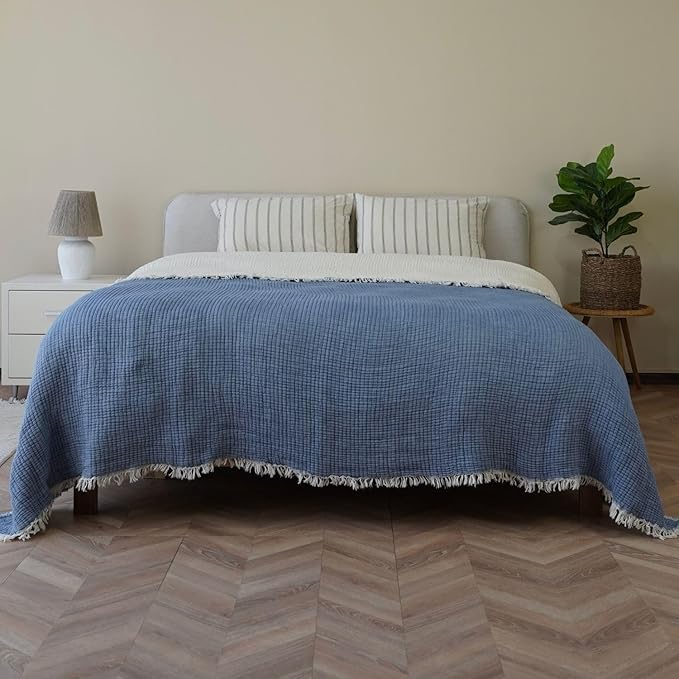 Cotton Muslin Blanket – Soft Muslin Comforter Quilt Made from Premium Muslin Fabric, Lightweight Breathable Cotton Quilt for All Seasons (Dusty Blue, Twin)