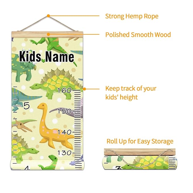 Personalized Kids Name Growth Chart Ruler for Wall Wood Frame Height Measure Chart 13.4x56 in Linen Hanging Height Growth Chart Cartoon Dinosaur Animal Kids Room Decor