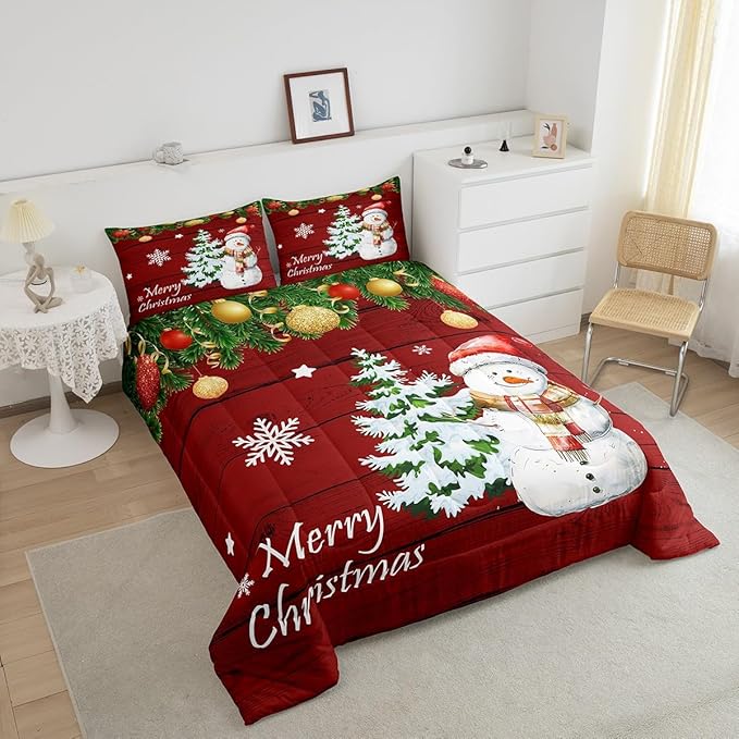 Manfei Christmas Comforter Set Queen Size, Cute Snowman Tree Print Quilt Set with 2 Pillowcases, New Year Theme Rustic Style Xmas Bedding Set 3pcs for Kids Boys Girls Bedroom Decor
