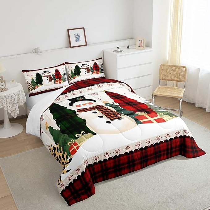 Manfei Snowman Comforter Set Queen Size, Xmas Leopard Plaid Trees Snowflake Down Comforter with 2 Pillowcases, Christmas Theme Bedding Set 3pcs for Kids Girl Bedroom Decor New Year Duvet Insert