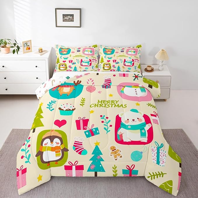 Erosebridal Merry Xmas Comforter Set Twin Size Christmas Tree Quilt for Kids Boys Girls Cartoon Penguin Bear Bedding Set Cute Deer Elk Duvet Insert with 1 Pillow Case