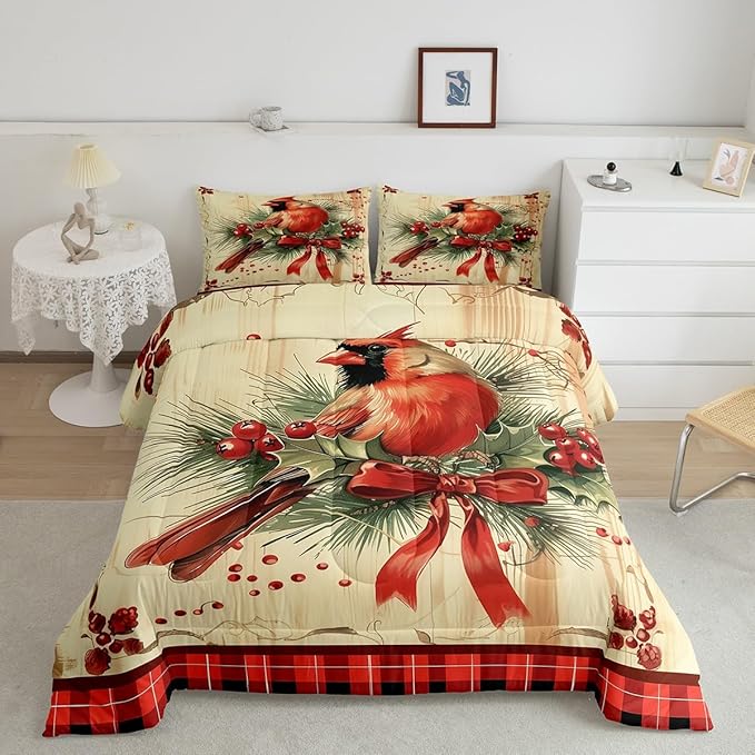 jejeloiu Kids Red Cardinal Comforter Set Toddler Christmas Red Black Plaid Bow Bedding Set for Boys Girls Teens Xmas Birds Animal Winter Wood Plank Duvet Quilt Room Decor