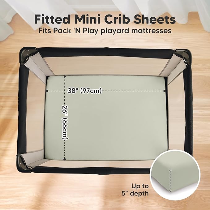 2-Pack Pack and Play Sheets, Waterproof Mini Crib Sheets Fitted - Organic Cotton Pack N Play Sheets for Graco Pack and Play Mattress, Playard Baby Crib Sheets, Neutral for Boy,Girl, Toddler (Lichen)
