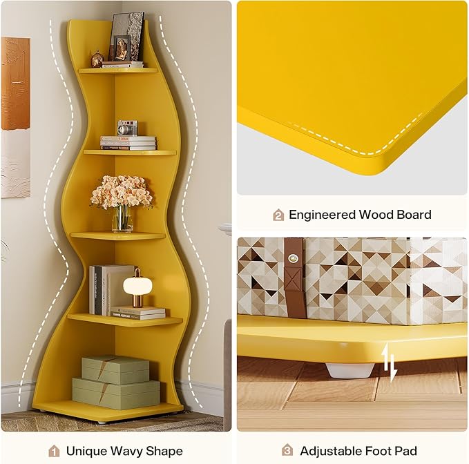 Tribesigns Wavy Corner Shelf, Modern 5-Tier Bookshelf Bookcase with Curvy Shape, Unique Plant Stand Display Rack for Living Room Small Space (Yellow)