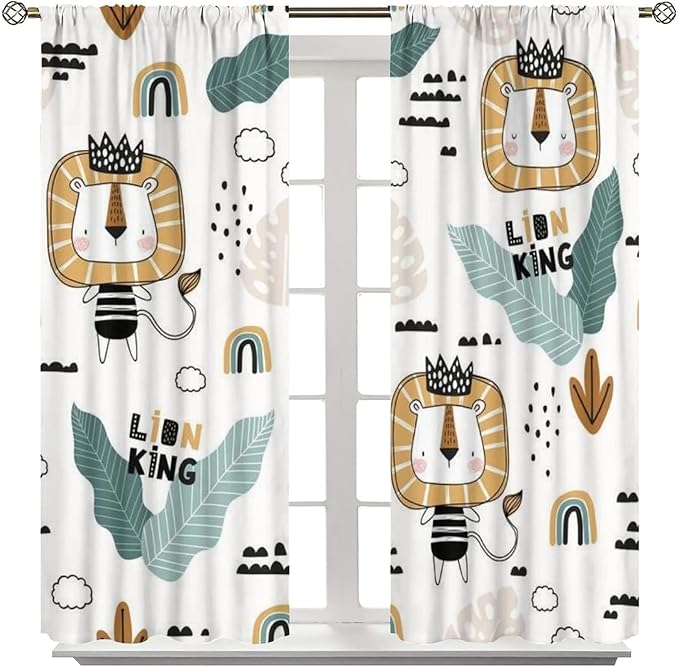 Cartoon Little Lion King Window Curtains for Baby Child,Cute Funny Forest Animals,Tropical Jungle Leaves Wildlife Boho Rainbow Print Blackout Drapes for Nursery Boys Girls Kids Bedroom 52x84in