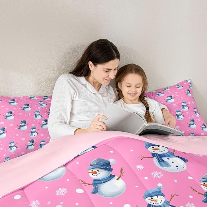 jejeloiu Kids Cute Winter Snowman Comforter Set Twin Size Pink Christmas Theme Bedding Set for Boys Girls Teens Xmas Snowflake Happy New Year Duvet Quilt Room Decor