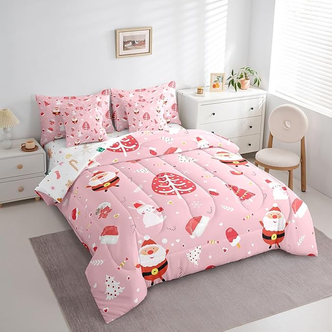 Santa Claus Bed in a Bag Cute Rabbit Kawaii Pink Comforter Set with Sheets for Kids Boys Girls Decor Merry Christmas Bed Set Girly Pink Bedding Set Bedroom Collection Full Size