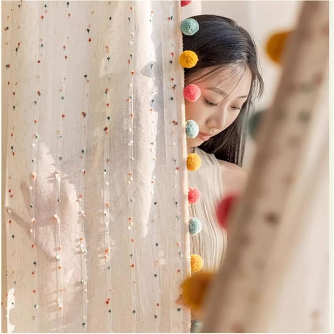 Boho Rainbow Sheer Curtain with Colorful Pom Pom Voile Drapes Light Filtering Faux Linen Stripe Pompom Rod Pocket Window Drapes for Boys /Girls Bedroom/Nursery 2 Panels (W52 X L84 Inch-2PCS,White)