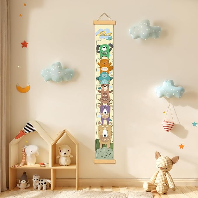 Personalized Name Growth Chart Wall Decor for Kids – Canvas Removable Height Chart Measuring Ruler 59" x 7.9" (Painted Animals)
