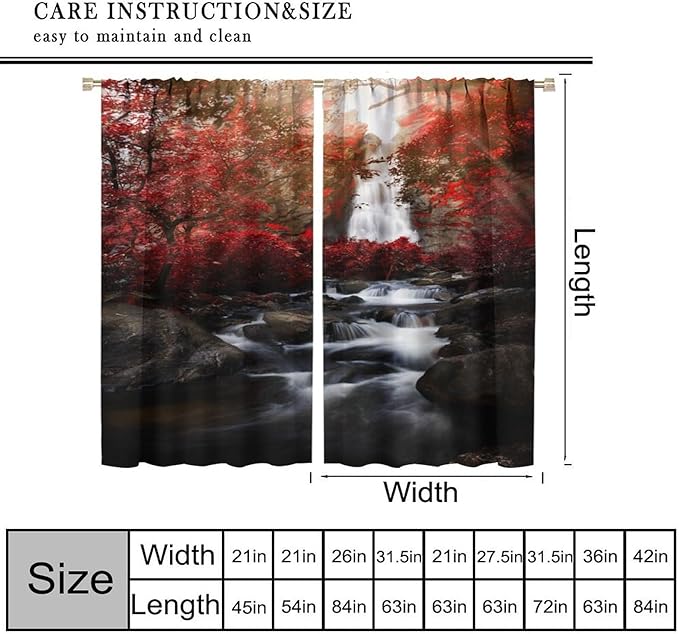 Nature Waterfall Blackout Curtains, Autumn Waterfall Romantic Forest Landscape Print Rod Pocket Window Drapes, for Bedroom Living Room 55" W X 63" L