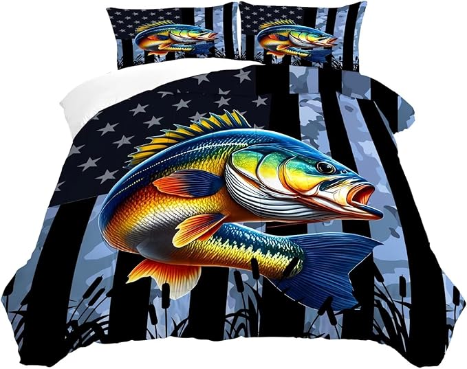 Camouflage Fisherman Comforter Set Twin Size Bedding Set for Men Boys Teens Grey Fishing Lover Bedroom Farmhouse American Flag Bed Set Wild Quilted,1 Comforter 1 Pillowcase
