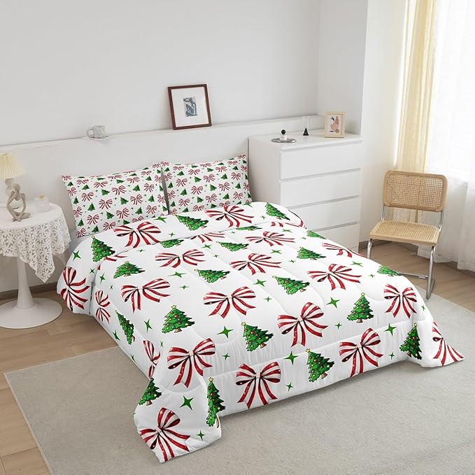 Manfei Merry Christmas Comforter Set Twin Size, Red Bow Green Tree Bedding Set 2pcs, New Year Theme Down Comforter for All Season, Kids Girls Room Decor, Lightweight Duvet Insert, 1 Pillowcase