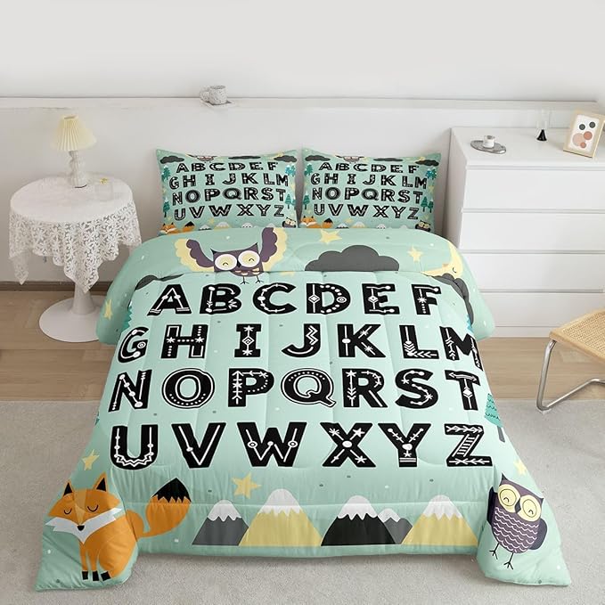 Feelyou Alphabet Kids ABC Learning Comforter Set All Season Cute Fox Bedding Set with 2 Pillow Cases Educational Nursery Art Microfiber Kids King Bedclothes Woodland Animals Bedroom Decor Duvet Quilt