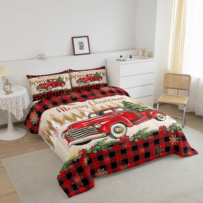 Merry Christmas Toddler Bedding Set Red Truck Comforter Sets For Kids Boys Girls Teens Room Decor,Xmas Tree Down Comforter Red Black Buffalo Plaid Decor Bed Set Car Printed Themed Quilt Set