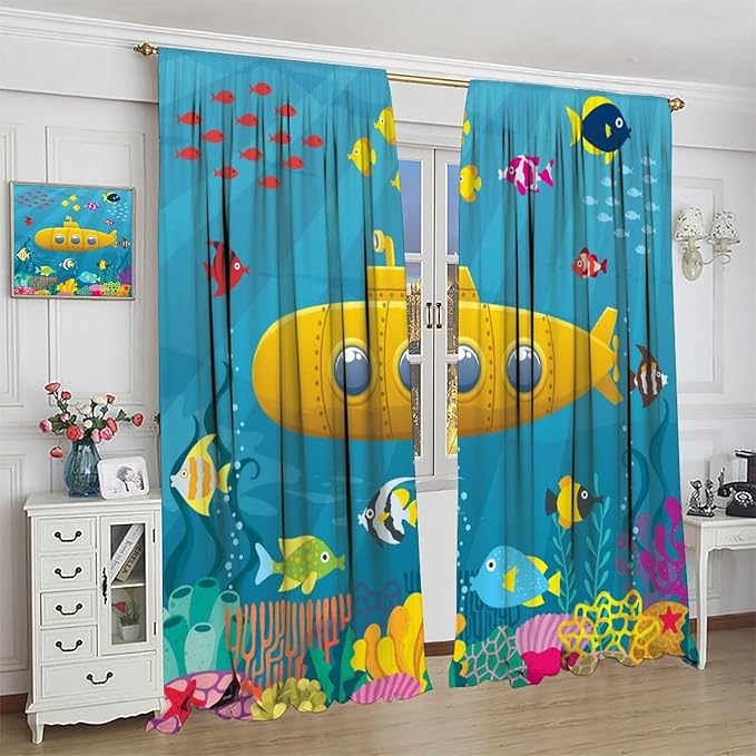Boy Window Curtains Submarine Window Drapes Yacht Window Treatments Underwater World Oasis Thermal Drapes for Kids Girls Toddler Teens Room Dorm Decor Set 2 Panels,55x63 Inches, Style-1