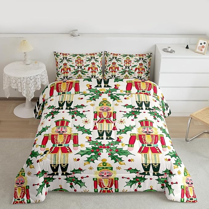 Feelyou Merry Christmas Bedding Set Soft for Boys Girls, Nutcracker Comforter Set Twin Size Holly Leaves Duvet Quilt Microfiber Red Berries Bedroom Decor 2 Pcs with 1 Pillow Cases