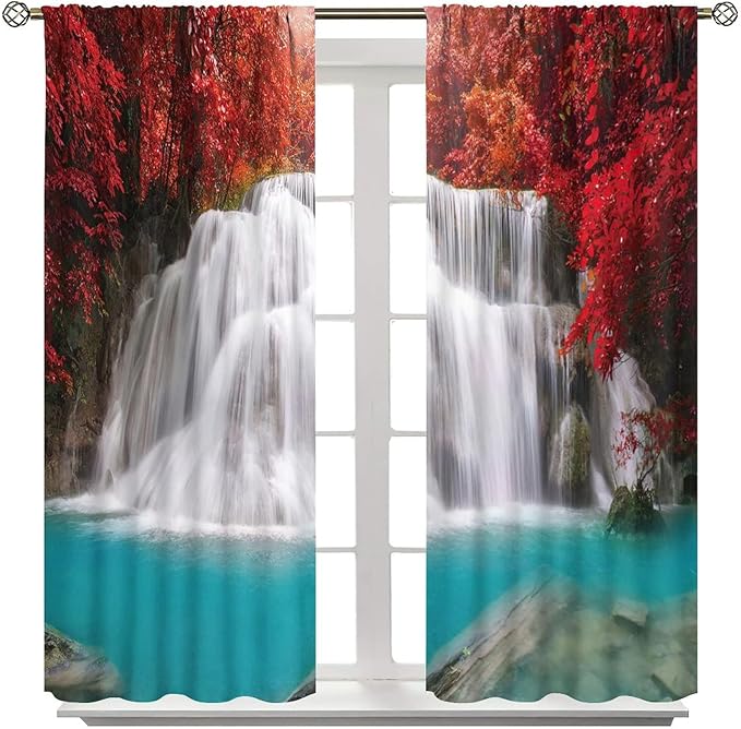 Red Forest Waterfall Blackout Windows Curtains, Tree Landscape Woodland Scenic Nature Fall Scenery Art Printed Curtains, for Living Room Bedroom 72x63in 2 Panels