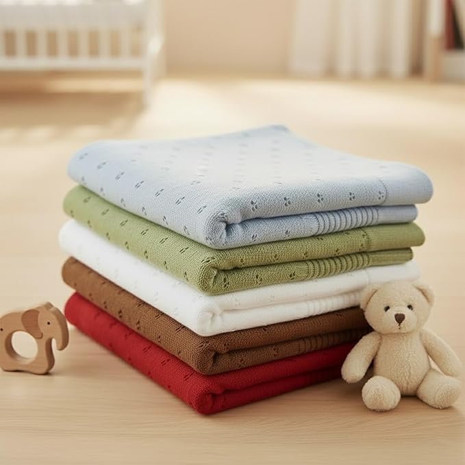 Baby Knit Blanket, 100% Cotton Eyelet Patterns, Soft, Cozy, Lightweight Swaddle for Newborn & Infant Swaddling Beige Neutral, Perfect Baby Shower Ideas Pink 28x36