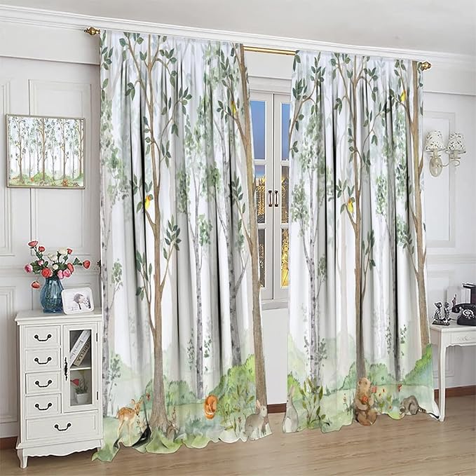 Kids Animal Curtains, Watercolor Natural Forest Animal Hedgehog Fox Butterfly Rabbits Forest Print Curtain Boys and Girl Bedrooms 72x63in