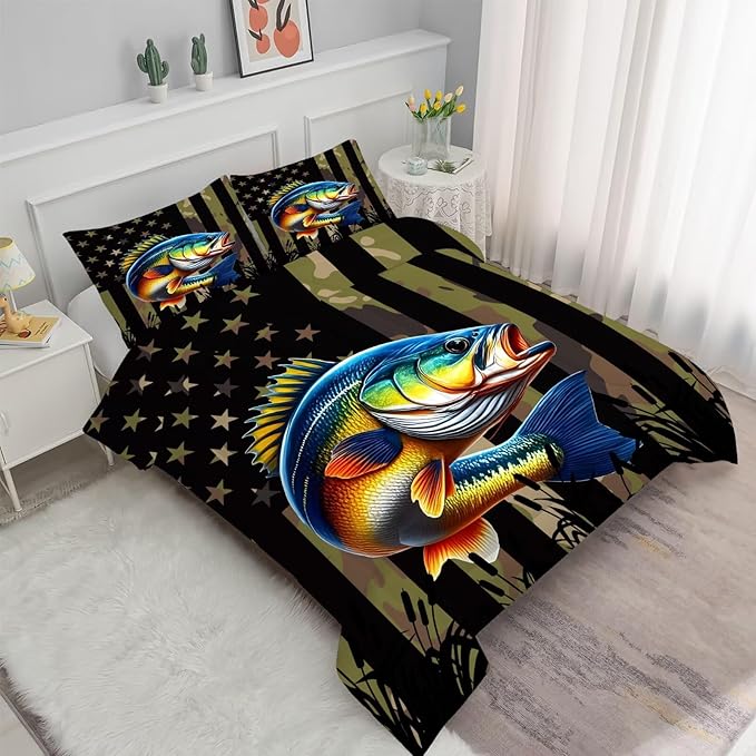 Bass Fish Comforter Set King Size American Flag Bedding Set for Men Boys Teens Green Fishing Lover Bedroom Camouflage Farmhouse Bed Set Wild Quilted, 1 Comforter 2 Pillowcases