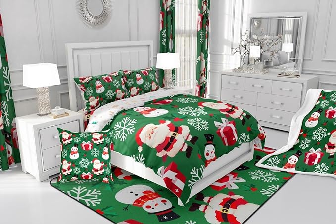 jejeloiu Merry Christmas Comforter Set Twin Size Xmas Santa Claus Bedding Set for Kids Boys Girls Cute Snowman Duvet Quilt Green Bedroom Decor