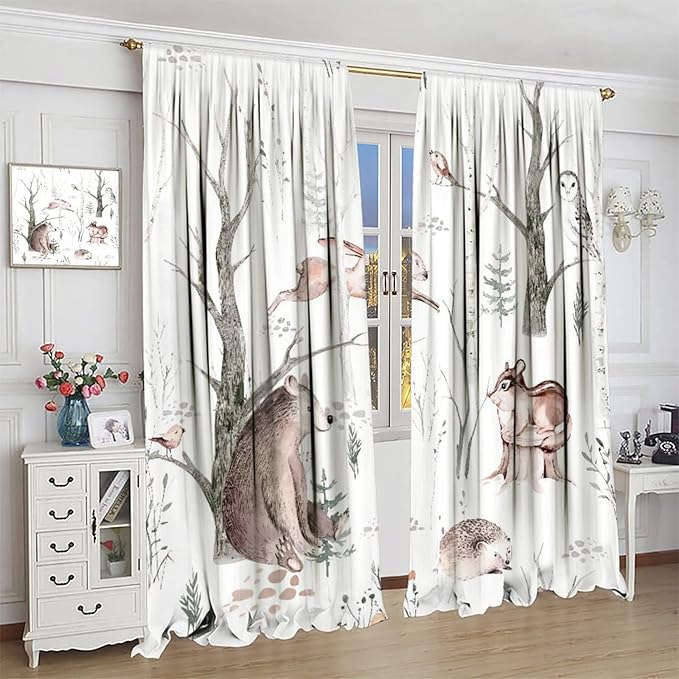 Watercolor Woodland Animal Curtains, Wildlife Bear Farmhouse Lodge Cabin Squirrel Owl Hedgehog Fox Blackout Rod Pocket Windows Door Curtain for Bedroom Living Room Home Decor 42x45in