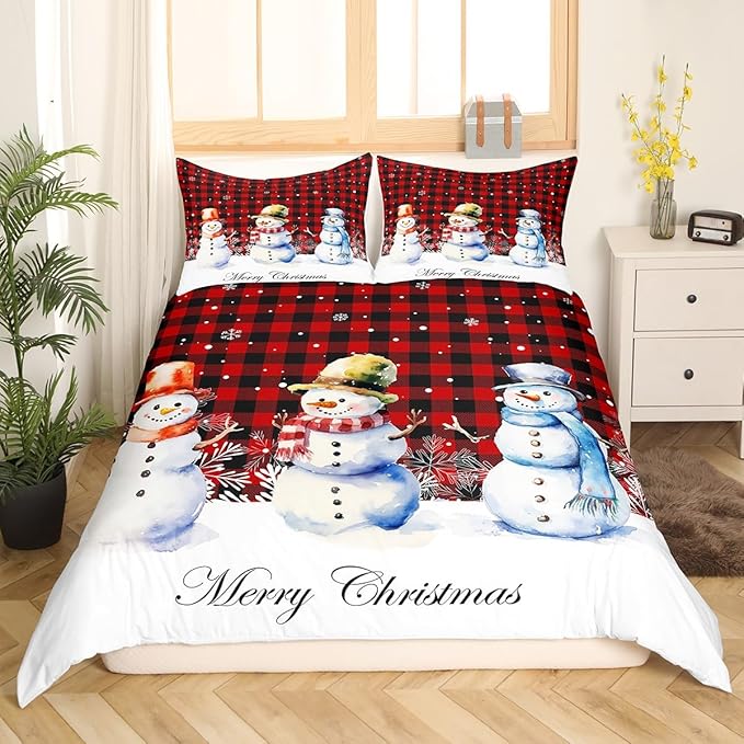 Xmas Snowman Duvet Cover Set King Size, Christmas Bedding Set 3pcs for Kids Boys Girls Bedroom Decor, Red Black Plaid Print Comforter Cover with 2 Pillowcases,Snowflake Print Quilt Cover,No Comforter