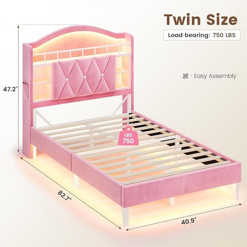 ADORNEVE Twin Size Bed Frame with LED Lights, Princess Velvet Upholstered Platform Bed for Girls, Headboard with Charging Station & Guardrail & Crystal Button, No Box Spring Needed, Pink