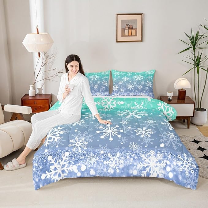 Feelyou Winter Snowflake Kids Comforter Set King Size Christmas Bedding Set Winter Holiday Duvet Quilt for Kids Boys Girls Bedroom New Year Decor Microfiber Ultra Soft Breathable