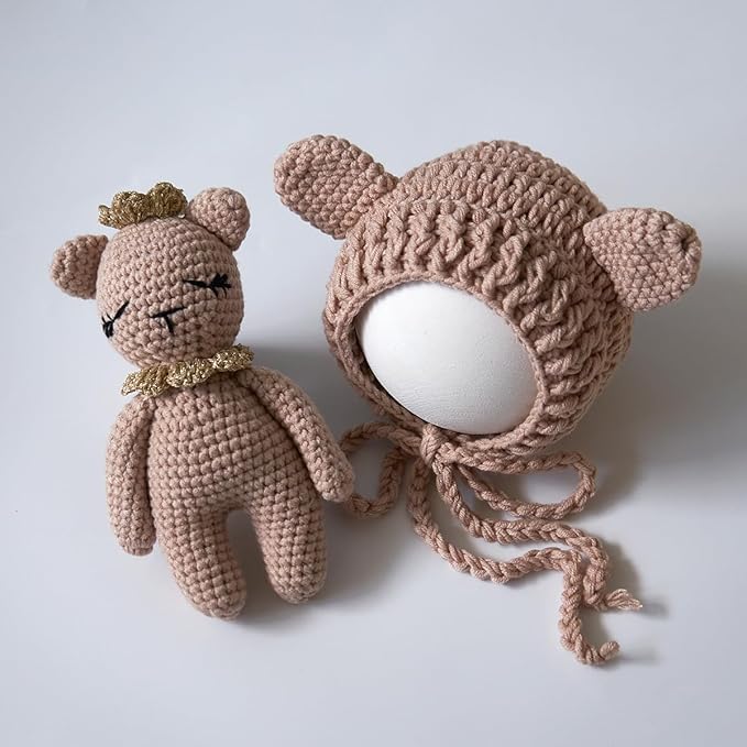 Zeroest Newborn Photography Outfits Boy Girl Bear Props Baby Photoshoot Crochet Bonnet Stuffed Animals for Newborn Photo