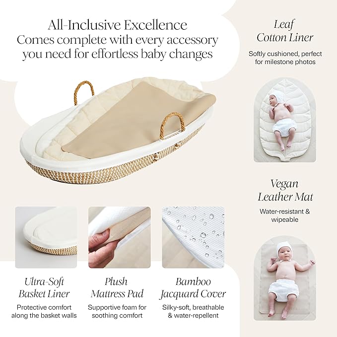 BEBE BASK Premium Baby Changing Basket - Artisan-Crafted Seagrass - Rope Handles - Changing Basket for Baby Dresser - All Accessories Included - Complete Set for Nursery (Natural)