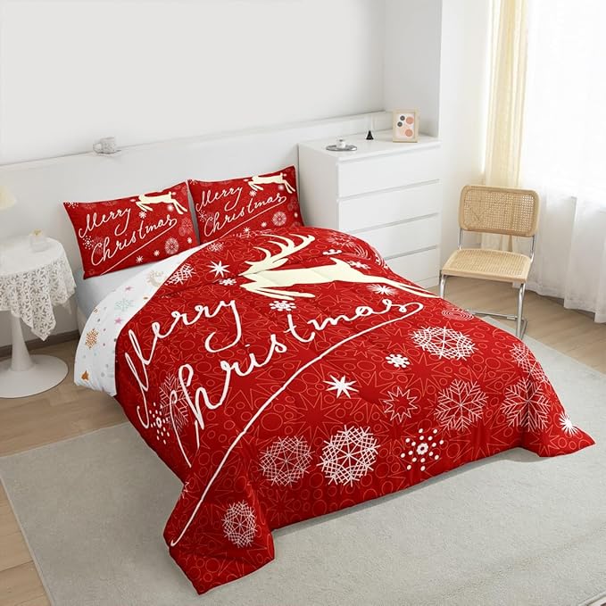 Merry Christmas Kids Comforter Set Twin Size,Deer Animal Silhouette Bedding,Girls Boys Adults Bedroom/Xmas Cabin Decor,Snowflake Dot Graffiti Down Comforter,Red Romantic Duvet Insert,1 Pillowcase