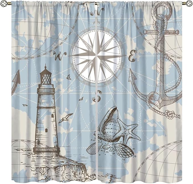 Nautical Theme Window Curtains,Pirate Sailboat Curtains for Bedroom,Conch Starfish Print Draperies for Living Room,Ocean Window Treatment Curtains Set 2 Panels,63x72 Inches