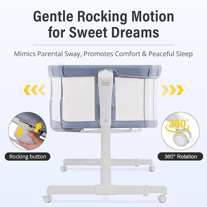 Baby Bassinet Bedside Sleeper 3-in-1, Easy Night Feeding with One-Side Fold & Rolling Wheels, Breathable Mesh, 6-Height Adjustable, Soft Mattress for Newborns