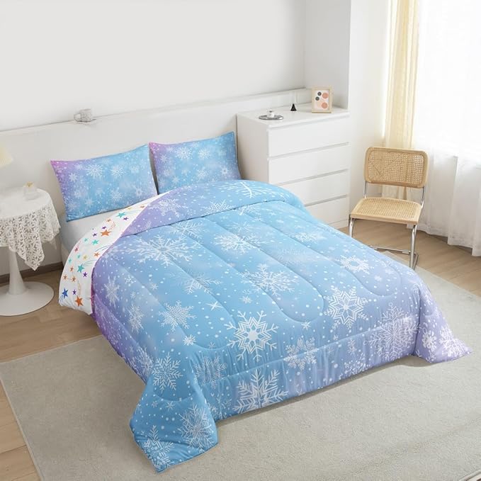 Feelyou Christmas Comforter Set All Season Winter Snowflake Bedding Set with 2 Pillow Cases Blue Purple Gradient Microfiber Kids King Bedclothes Bedroom Decor Duvet Quilt Breathable Soft Lightweight