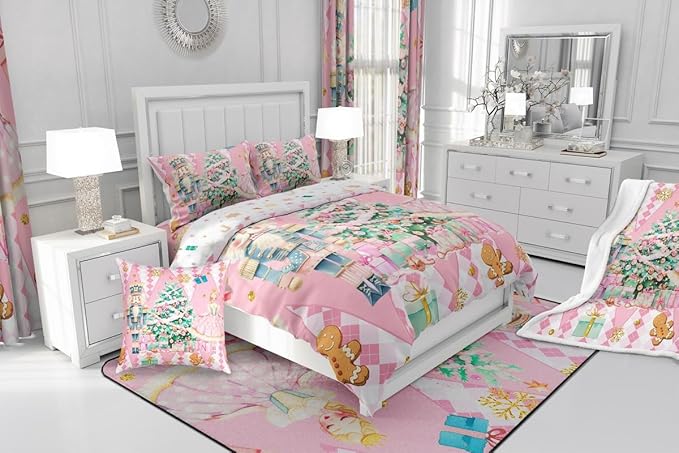 jejeloiu Christmas Nutcracker Comforter Set Full Size Gingerbread Man Bedding Set for Kids Boys Girls Xmas Tree Duvet Quilt Pink Bedroom Decor