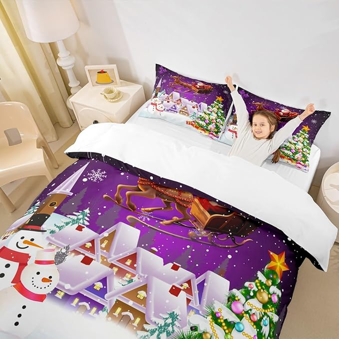 Manfei Xmas Duvet Cover Set Twin Size, Snowman Christmas Tree Bedding Set for Kids Boys Girls, Santa Claus with Reindeer Comforter Cover New Year Theme Quilt Cover with 1 Pillowcase, No Comforter