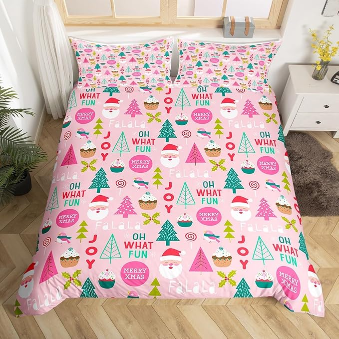 Feelyou Christmas Kids Bedding Set Cartoon Santa Claus Duvet Cover for Boys Children Teens Bedroom Decor Christmas Tree Comforter Cover Set Xmas Theme Bedspread Cover Toddler Size with 1 Pillow Case
