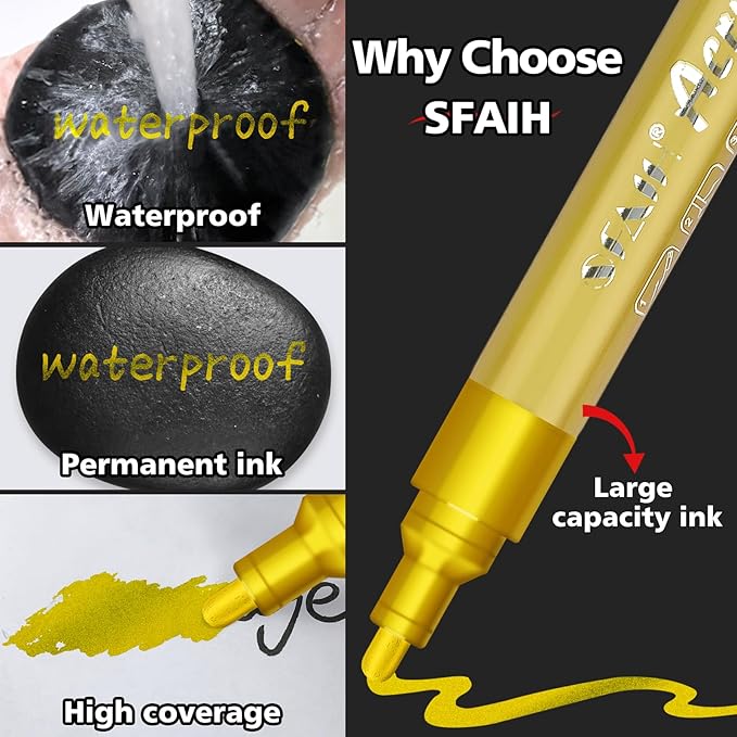 SFAIH Gold & Silver Acrylic Paint Markers - 8 Pack 2-3MM Medium Tip & 0.7MM Extra Fine Paint Pens for Rock Painting, Wood, Metal, Fabric, Plastic, Canvas, Glass, Ceramic, Diy Crafts