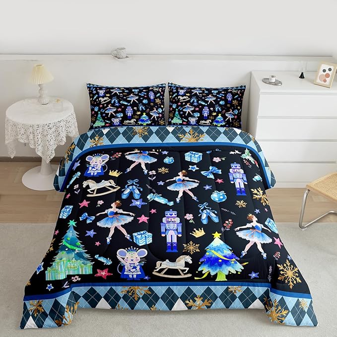 Feelyou Merry Christmas Kids Comforter Set Toddler Size Ballet Nutcracker Bedding Set Snowflake Duvet Quilt for Kids Boys Girls Bedroom Decor Microfiber Ultra Soft Breathable