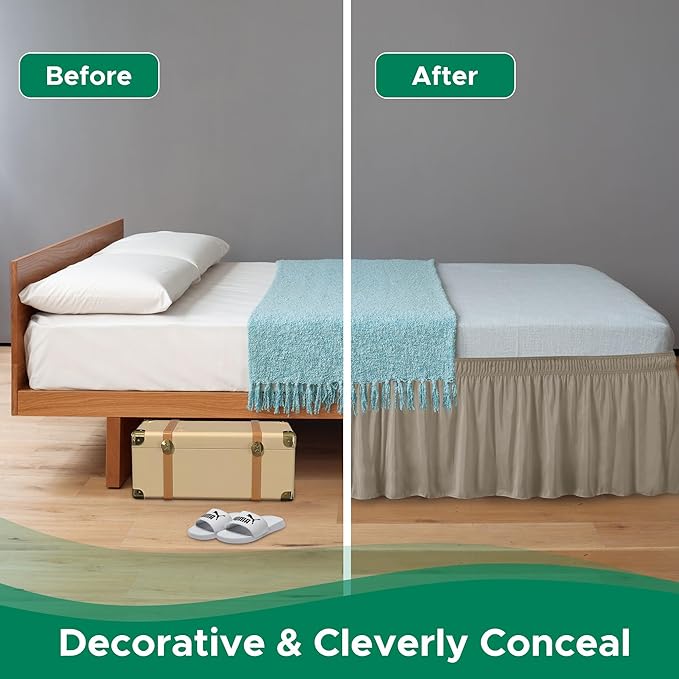 Biscaynebay Wrap Around Bed Skirts for Full & Full XL Beds 15" Drop, Taupe Adjustable Elastic Dust Ruffles Easy Fit Wrinkle & Fade Resistant Silky Luxurious Fabric Machine Washable