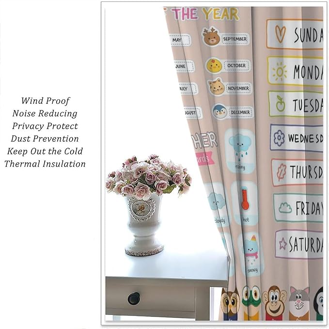 Funny Kids Educational Alphabet Curtain Cartoon Colorful Weather Multiplication Table Printed Rod Pocket Blackout Window Treatments for Bedroom Living Room 42" W X 45" L